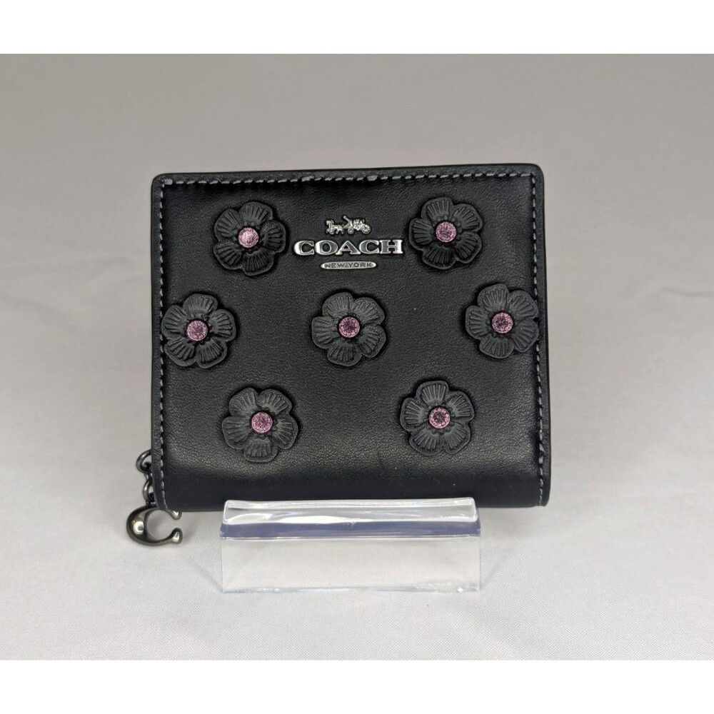Coach Snap Wallet with Floral Applique - Black,  Pink Rivets, Gunmetal, NWT